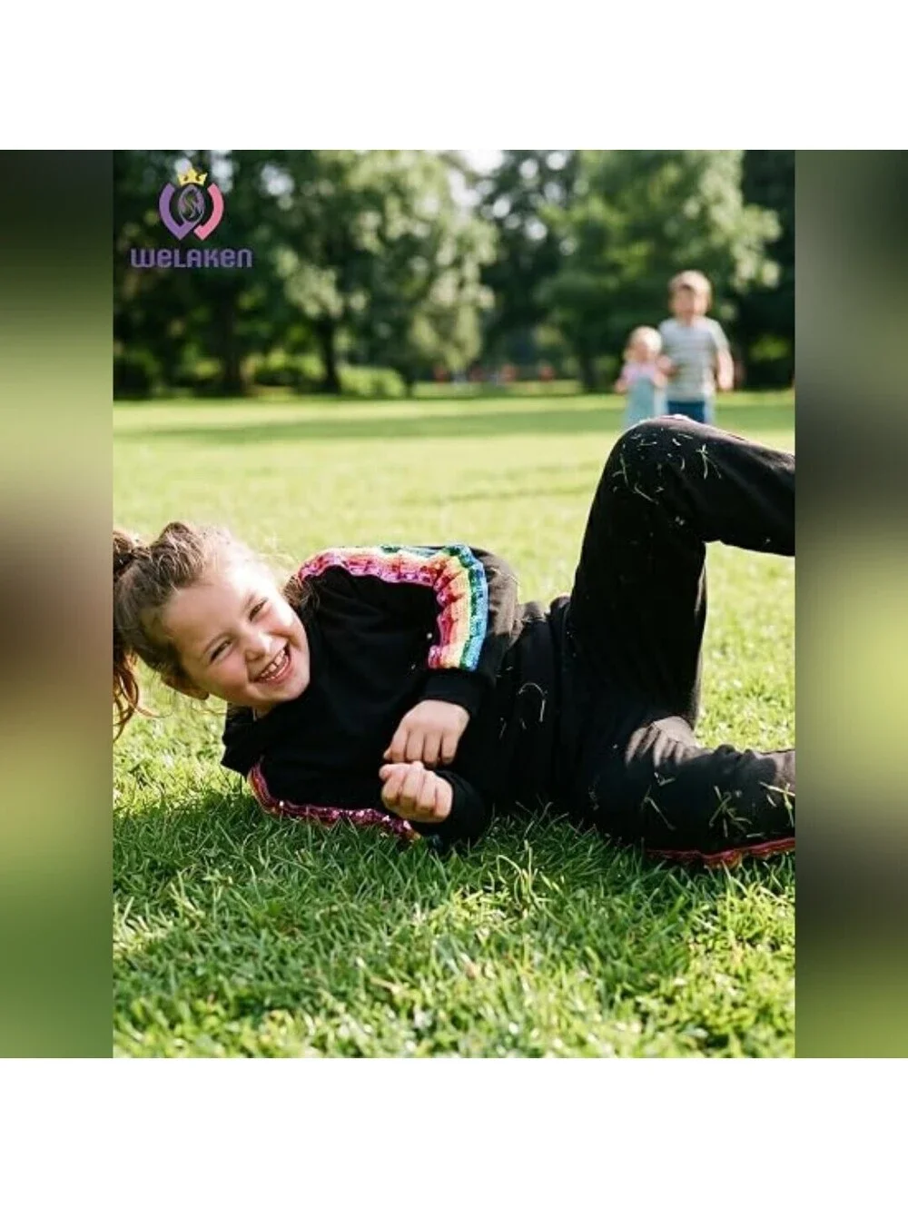 NWT WELAKEN Girls 2 Piece Hoodie & Sweatpants Set, Black / Rainbow, 6-7 Yrs